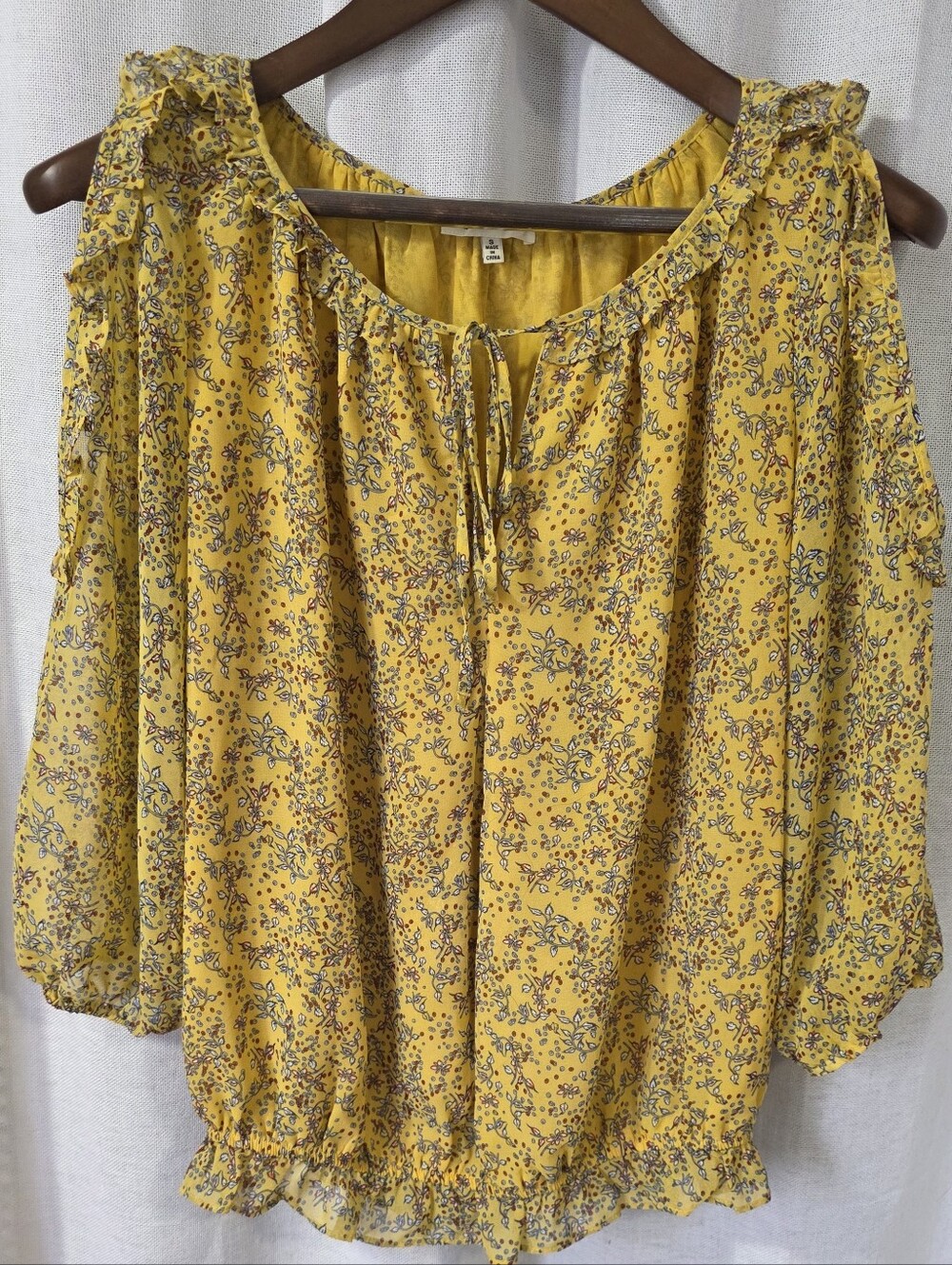 Max Studio Yellow Floral Cold Shoulder Peasant Blouse Boho Top Small S